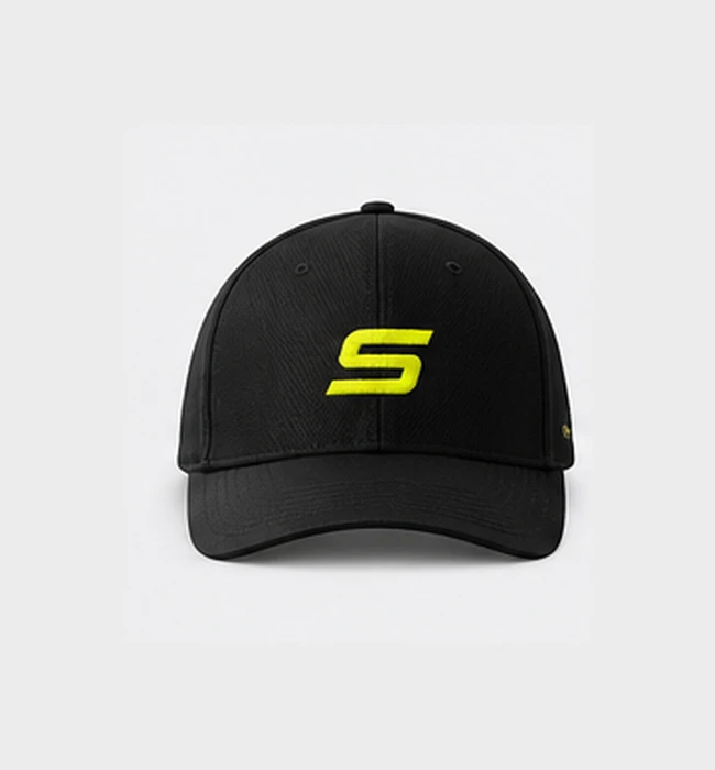 STRYKE black cap concept with electric yellow embroidered emblem