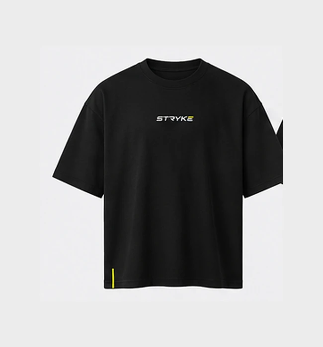 STRYKE Founders oversized black T-shirt concept, front view